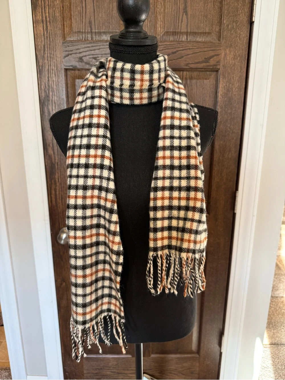 Cream Plaid Fringe Scarf with Black and Rust Check Wool Cashmere